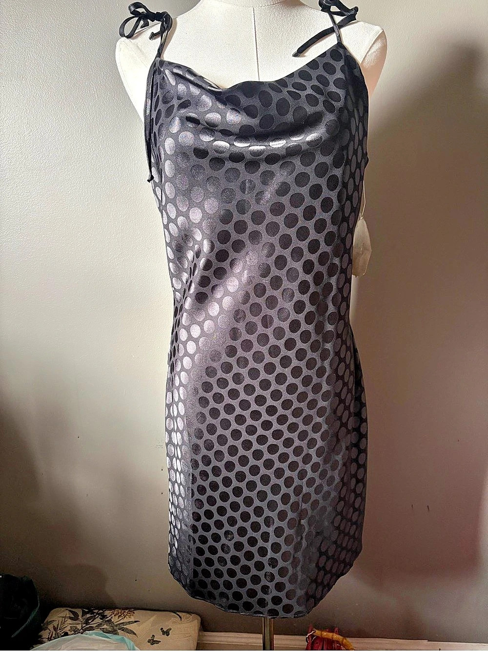 Alterd State satin Black Polka Dot Mini Dress Size Large NWT!#homecoming#fairy